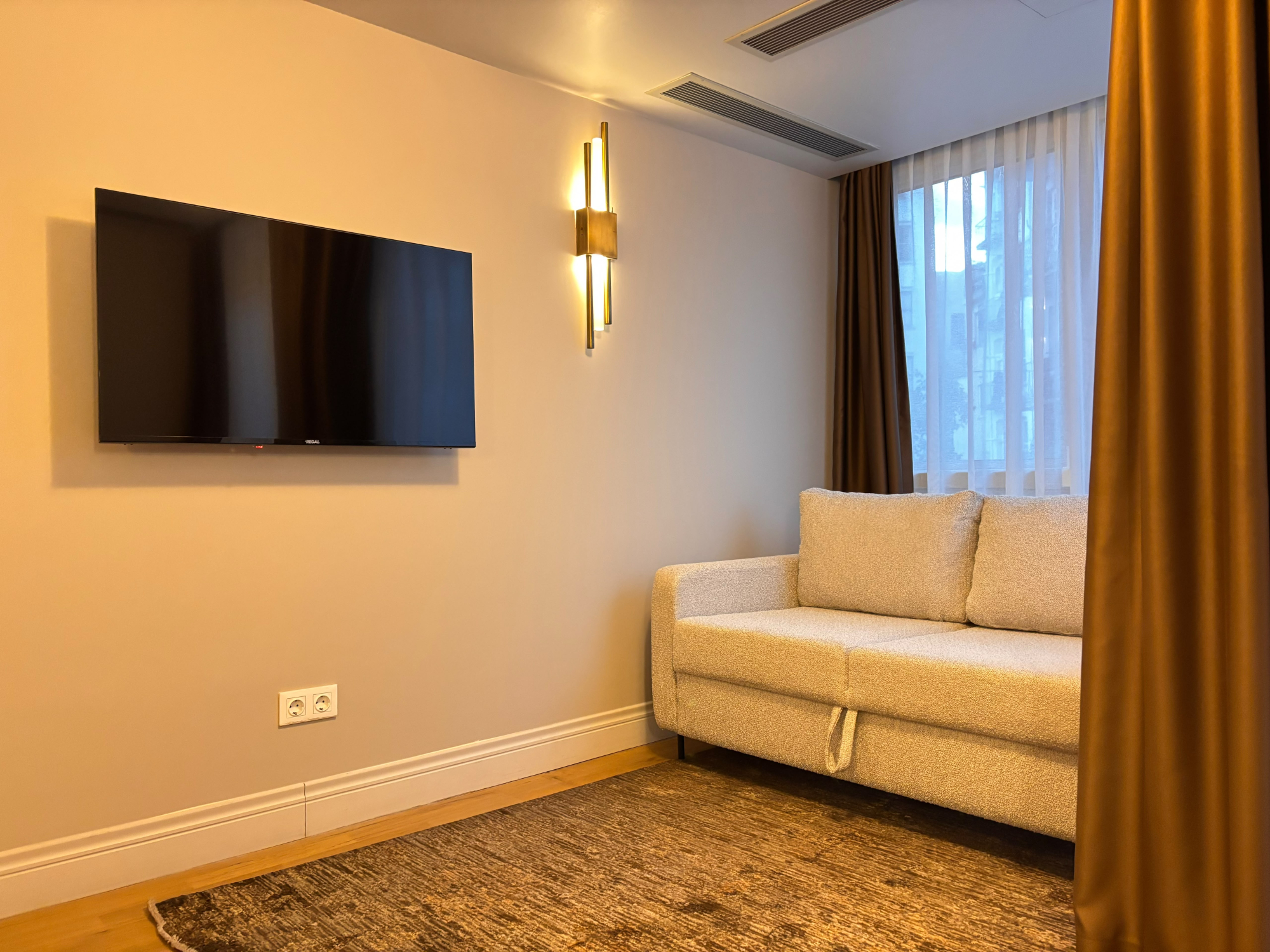 Seating area with sofa, rug and wall-mounted TV.